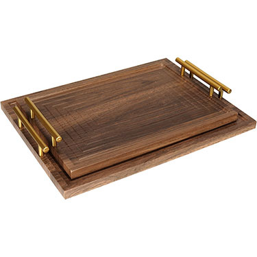 JG 2PÇS BANDEJA RETANGULAR HOME&amp;CO COM ALÇAS EM METAL DOURADO MDF NATURAL