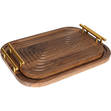 JG 2PÇS BANDEJA RETANGULAR HOME&amp;CO COM ALÇAS EM METAL DOURADO MDF NATURAL